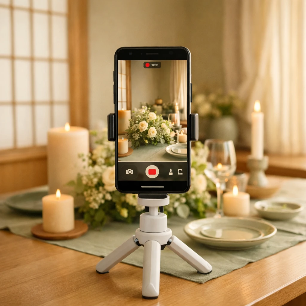 三脚に載せたスマホでテーブルの動画を撮影する様子